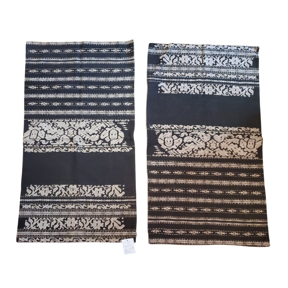 NEW Set 2 Pottery Barn Naya Lumbar Pillow Covers Black Khaki Ikat Cotton 20x36